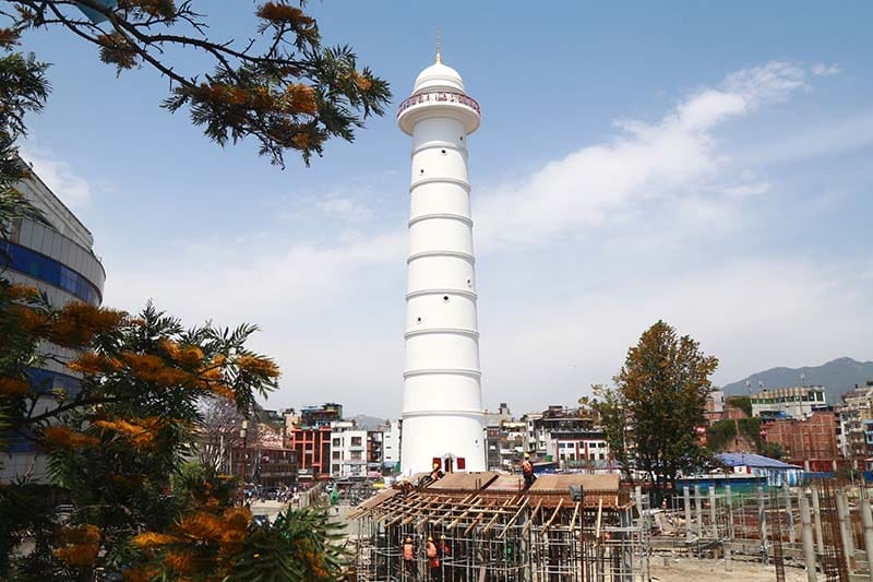 A view of reconstructed Dharahara, also known as Bhimsen Tower in Sundhara, Kathmandu, on Saturday